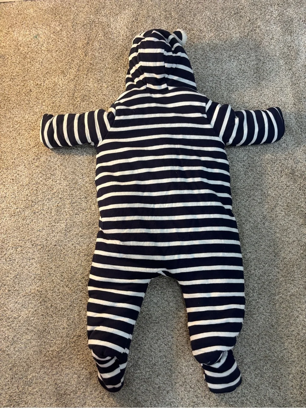Baby Gap Navy White Striped Sherpa Lined Hooded Pram Suit Bunting 3-6m Bear